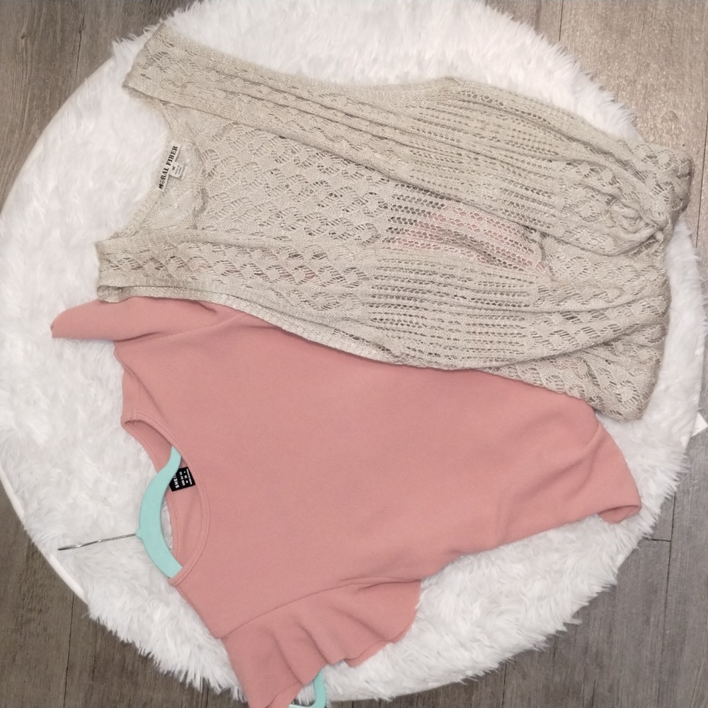 Women's Butterfly Sleeve Bodysuit & Sleeveless Boho Long Cardigan Sweater